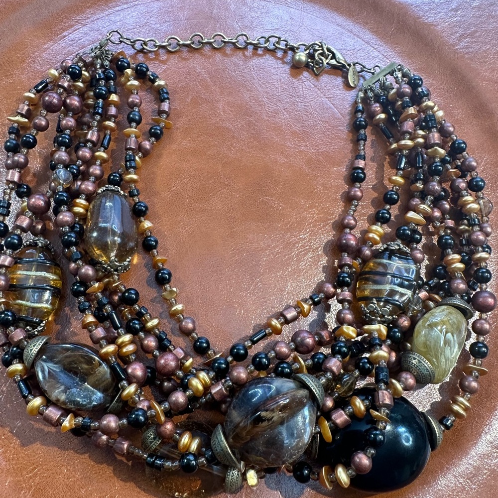Chicos multi beaded bib, choker necklace, and brown, black brass colors